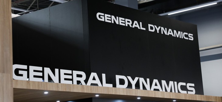 General Dynamics' logo on display at the International Defence Industry Exhibition in September 2025 in Kielce, Poland.