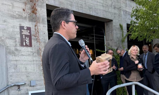 Entarian's chief executive Mark Lee speaking at a gathering of company employees at the 2026 Space Symposium in Colorado Springs in April.