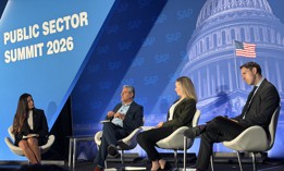 Navy Chief Technology Officer Justin Fanelli (far right) speaking at the SAP Public Sector Summit on Oct. 15.